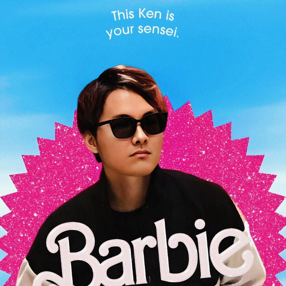 Stylized image of Kenz Tran with Barbie-style meme text “This Ken is your sensei,” symbolizing his leadership in AI prompt innovation at MOCHIMIN.